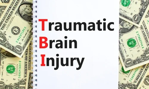 North Carolina traumatic brain injury lawyer concept, words traumatic brain injury with money