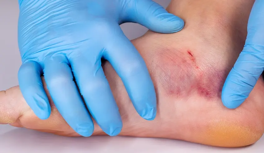 A medical professional is examining an ankle injury with bruising and lacerations covered under dog bite laws for compensation in North Carolina.